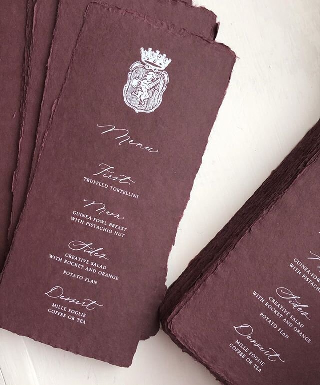 White foil-stamped menus for a recent al fresco reception in the hills of Tuscany. . .
We worked with Stephanie @share.studios to create this unique color &ldquo;deep merlot&rdquo; specifically for this wedding, and I love how they turned out.