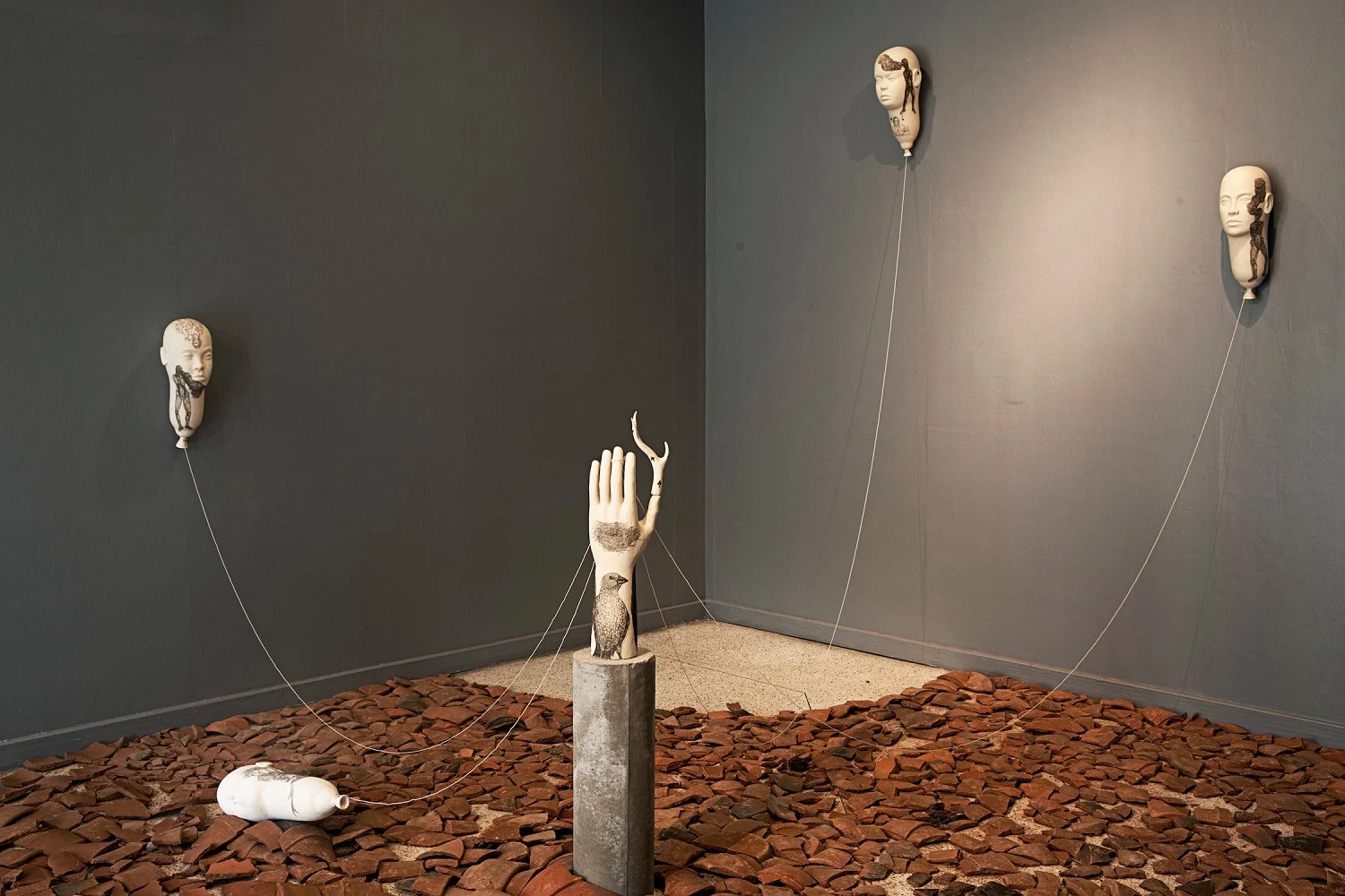 terraformers , stoneware, underglaze, string, concrete, terracotta shards, 2015 terraforming, two-person exhibition with Pablo Capati III Vargas Museum, University of the Philippines, 2015 Catalogue text by Patrick D. Flores Photography by Melvyn Calderon, post-processing by Gigi Lapid