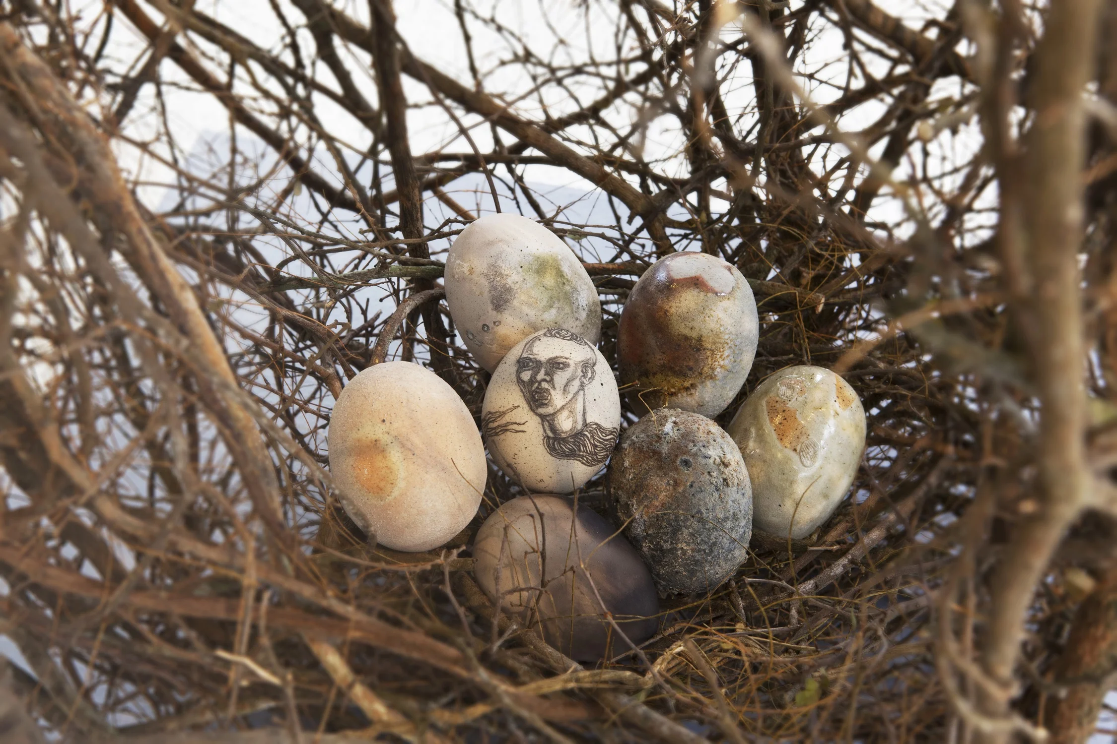 Nesting (detail), Pablo K. Capati III and Mark Valenzuela (assisted by Benji Ranada) stoneware clay, underglazes, ash glazes, and twigs, 2015