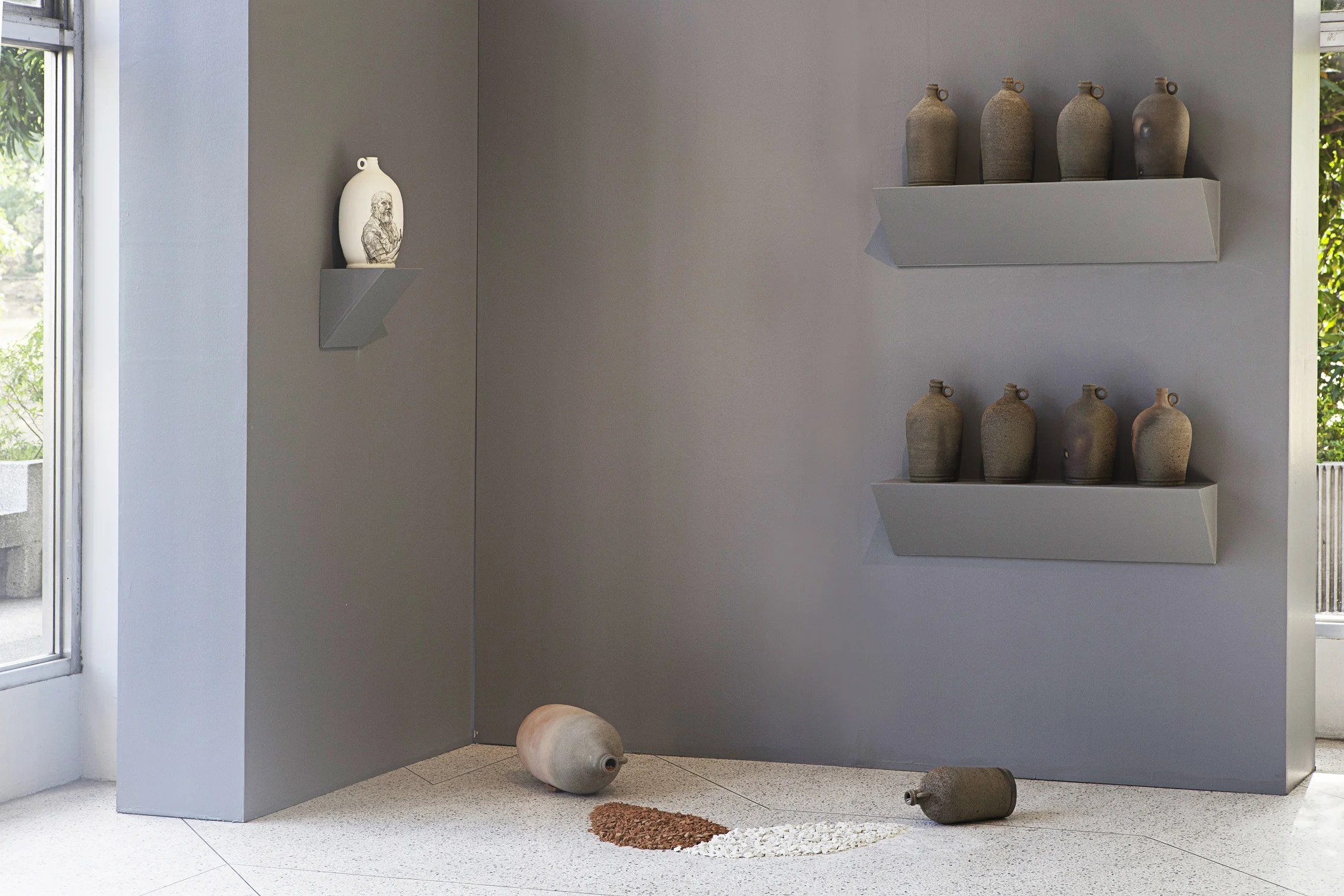 my kind of grog , stoneware jugs, underglaze pencil, terracotta and stoneware shards, 2015
