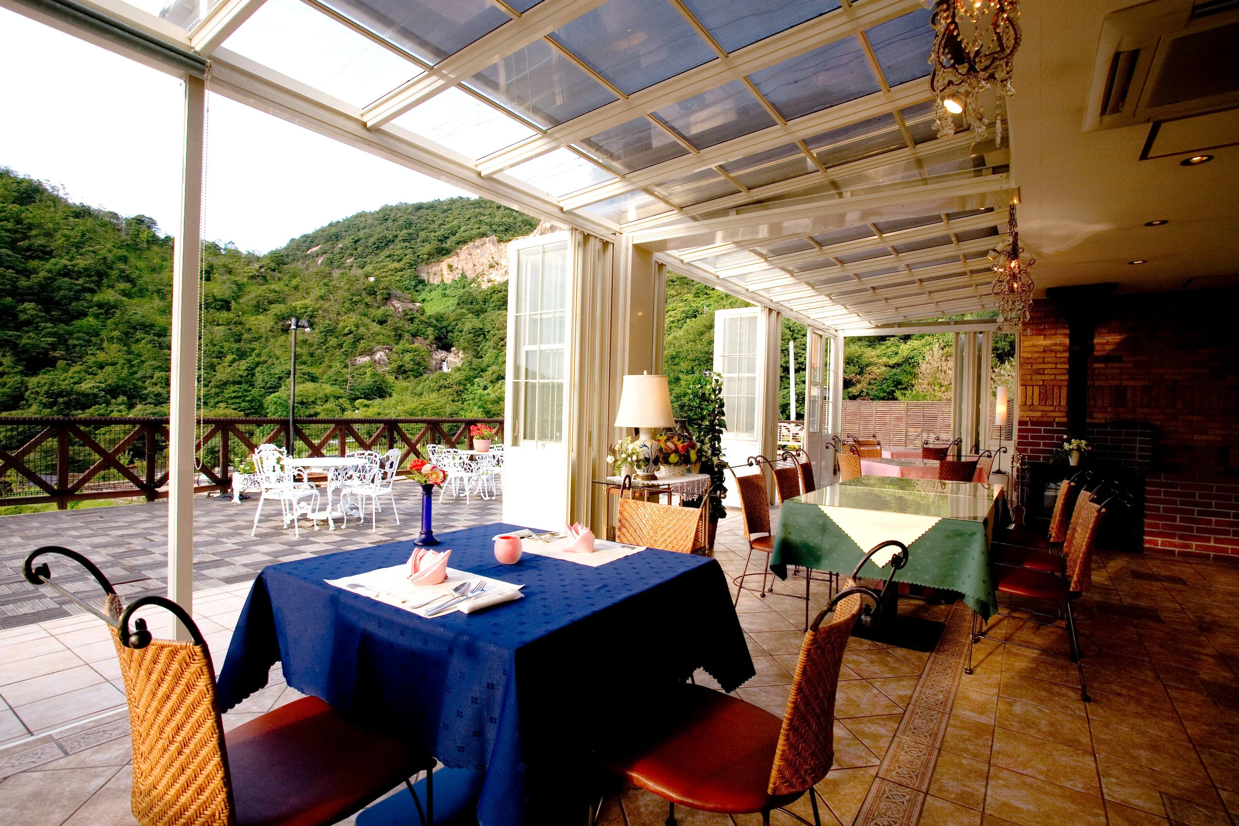 A scene from Yamaguchi's company restaurant overlooking the valleys.