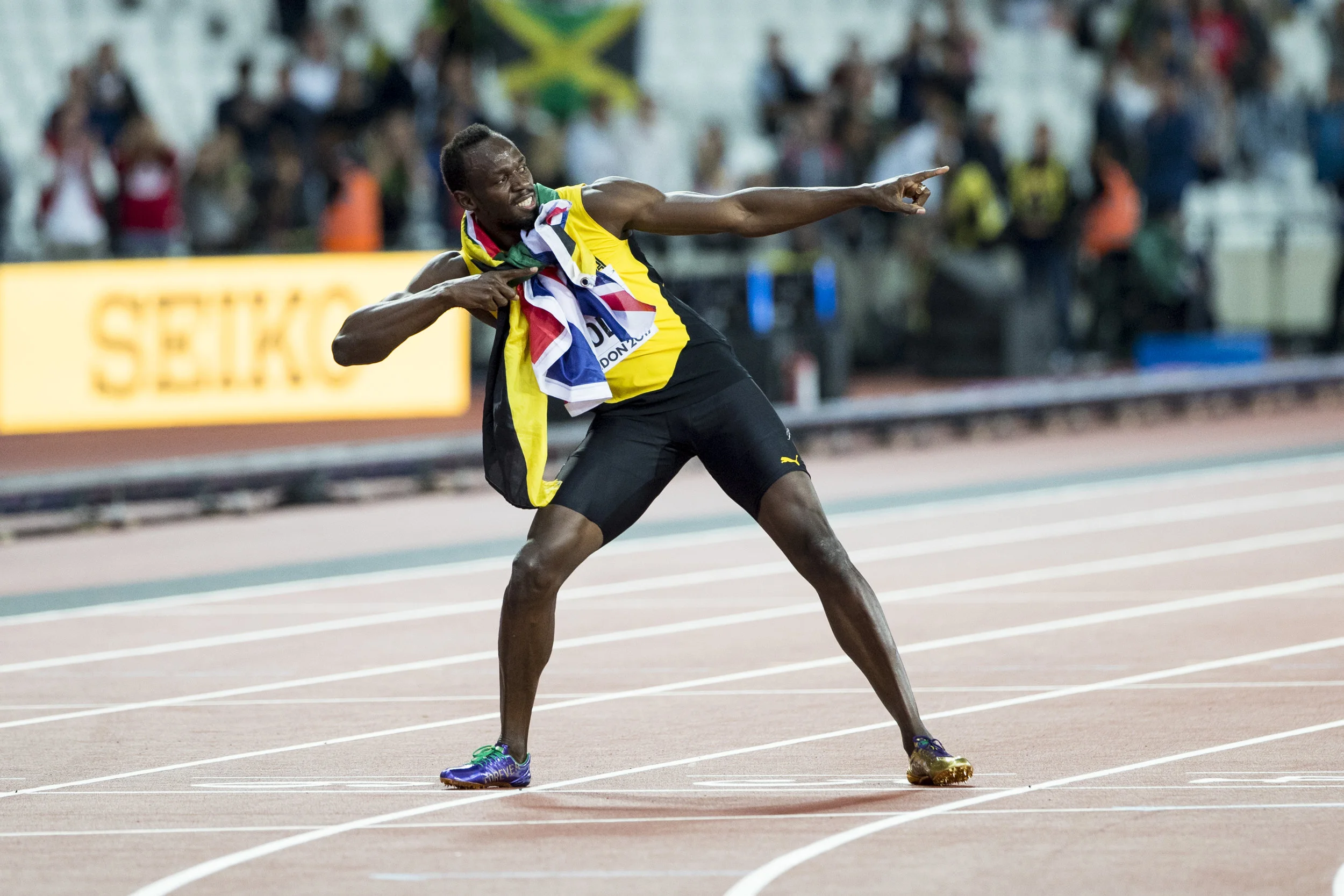 Day 2: Bolts finale: the big 100m and his lightning bolt!