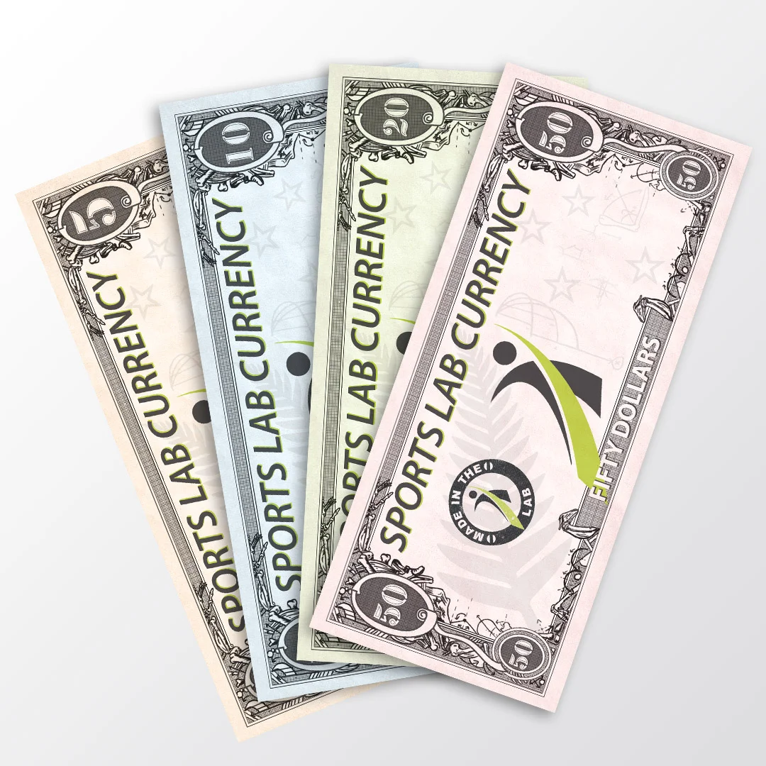 Different denominations of Sports Lab Money. Money to be reused and designed so can fit inside a wallet. Colours match our NZ Currency colours.