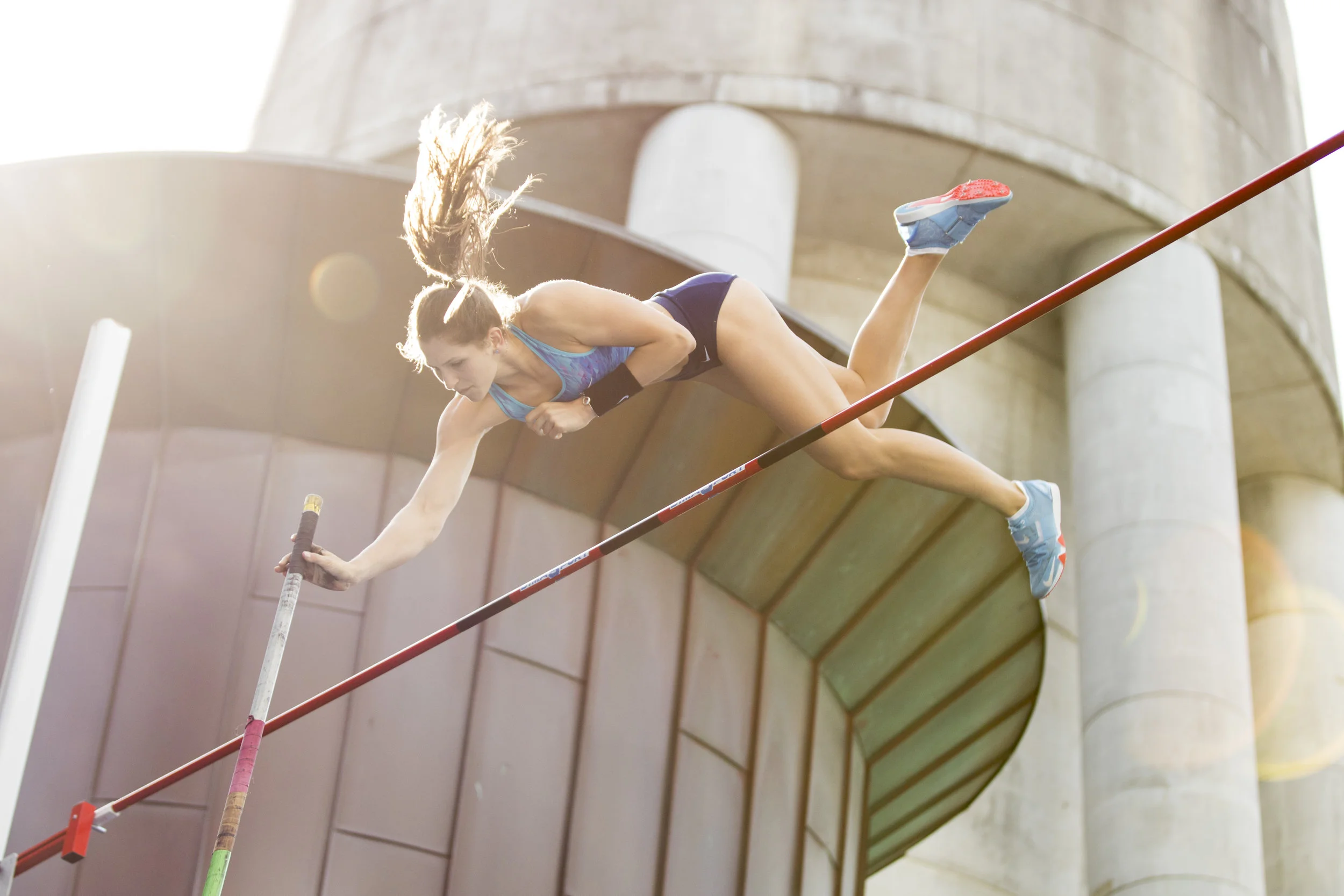 Eliza McCartney clears an exhibition personal best of 4.90m at the SKYCITY Vertical Pursuit Pole Vault Competition. Auckland, New Zealand. 18 March 2018. Copyright photo: Alisha Lovrich / www.photosport.nz