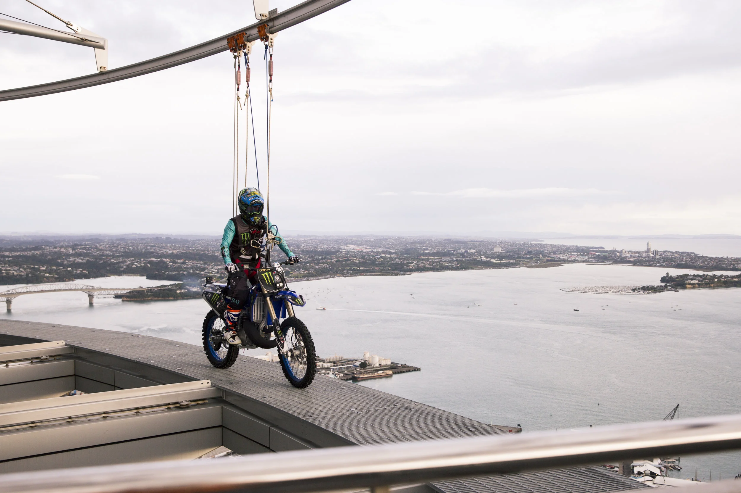 Freestyle Motocross Rider Taka Higashimo becomes the first person to ride a motorcycle around outside Auckland's Sky Tower on the SkyWalk. Auckland, New Zealand. 21 November, 2018. Copyright photo: Alisha Lovrich / www.photosport.nz