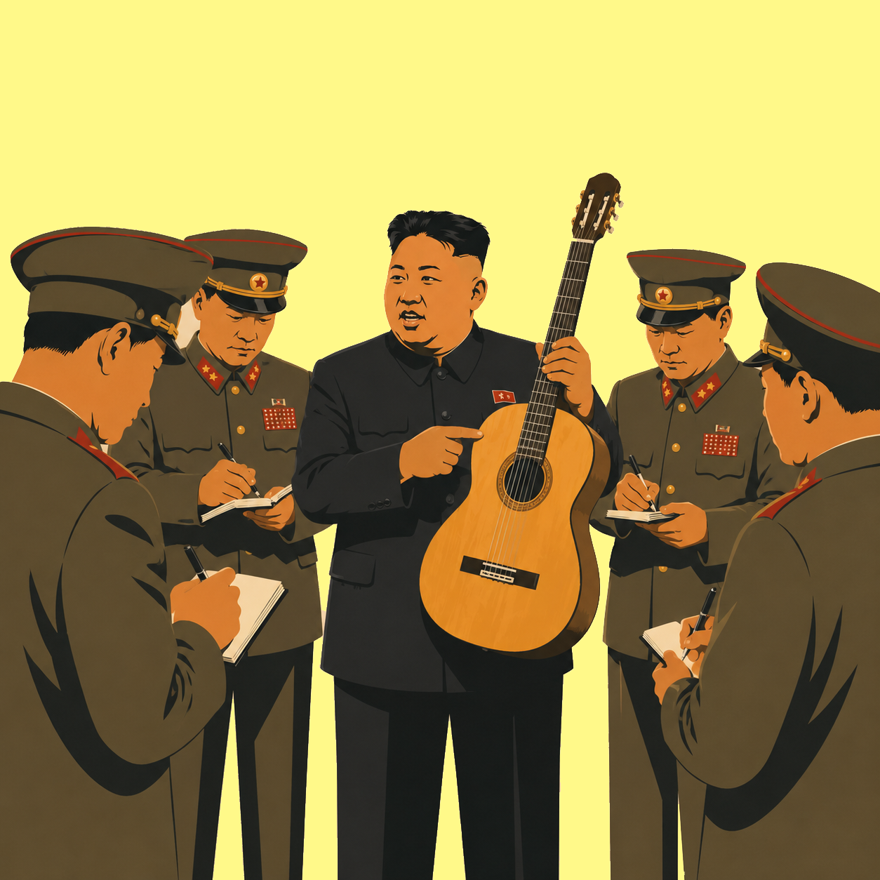 A digital illustration of North Korean leader Kim Jong-un holding a guitar and speaking to a group of five soldiers who are taking notes.