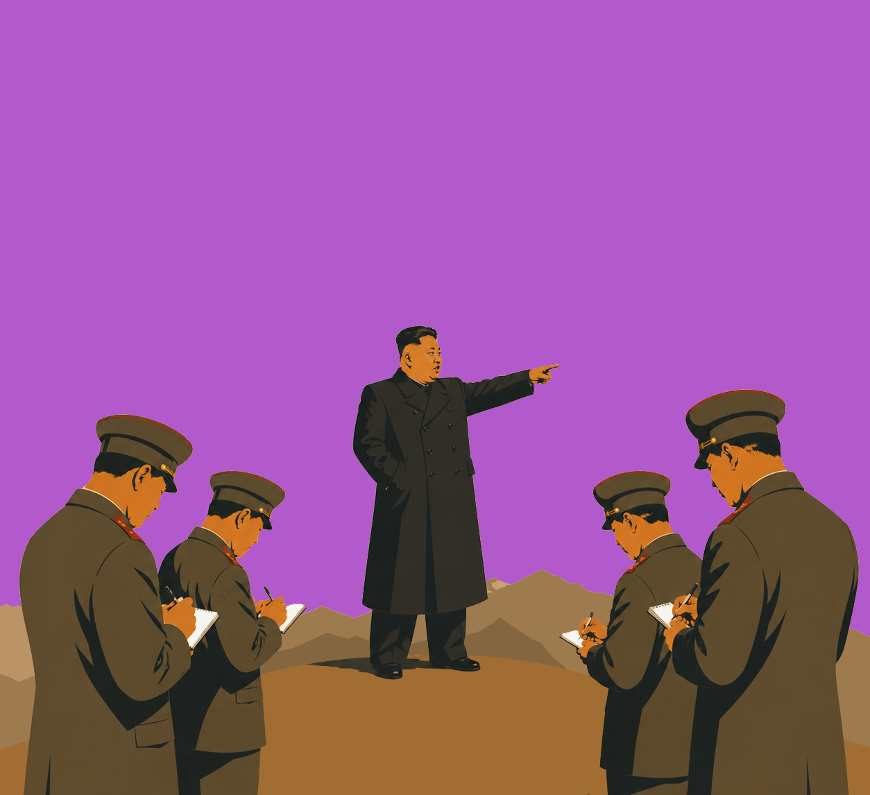 Illustration of North Korean leader Kim Jong-un giving a speech or instruction to soldiers, who are taking notes, against a purple sky and mountainous landscape.