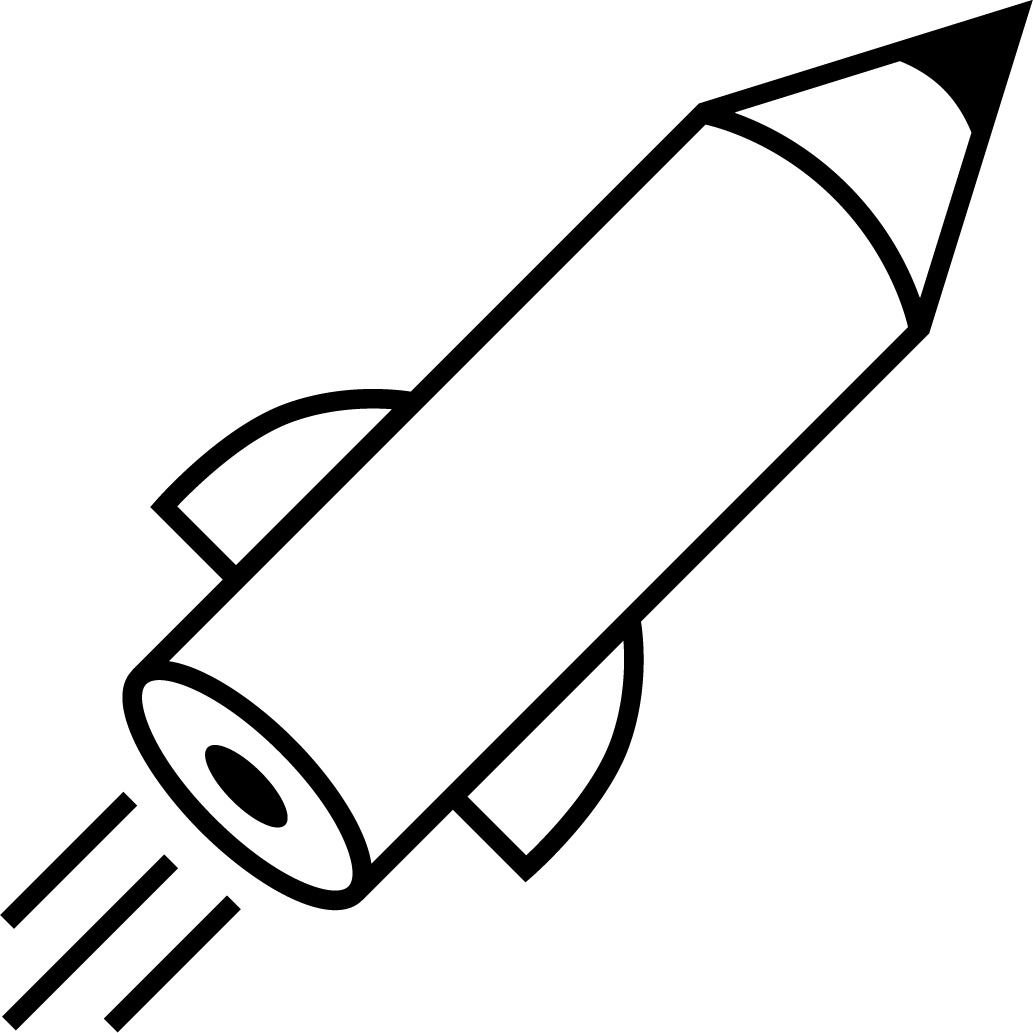 Line drawing of a rocket flying diagonally upward with flames coming out of its engine. It´s the rocket pencil from Note Korea™.