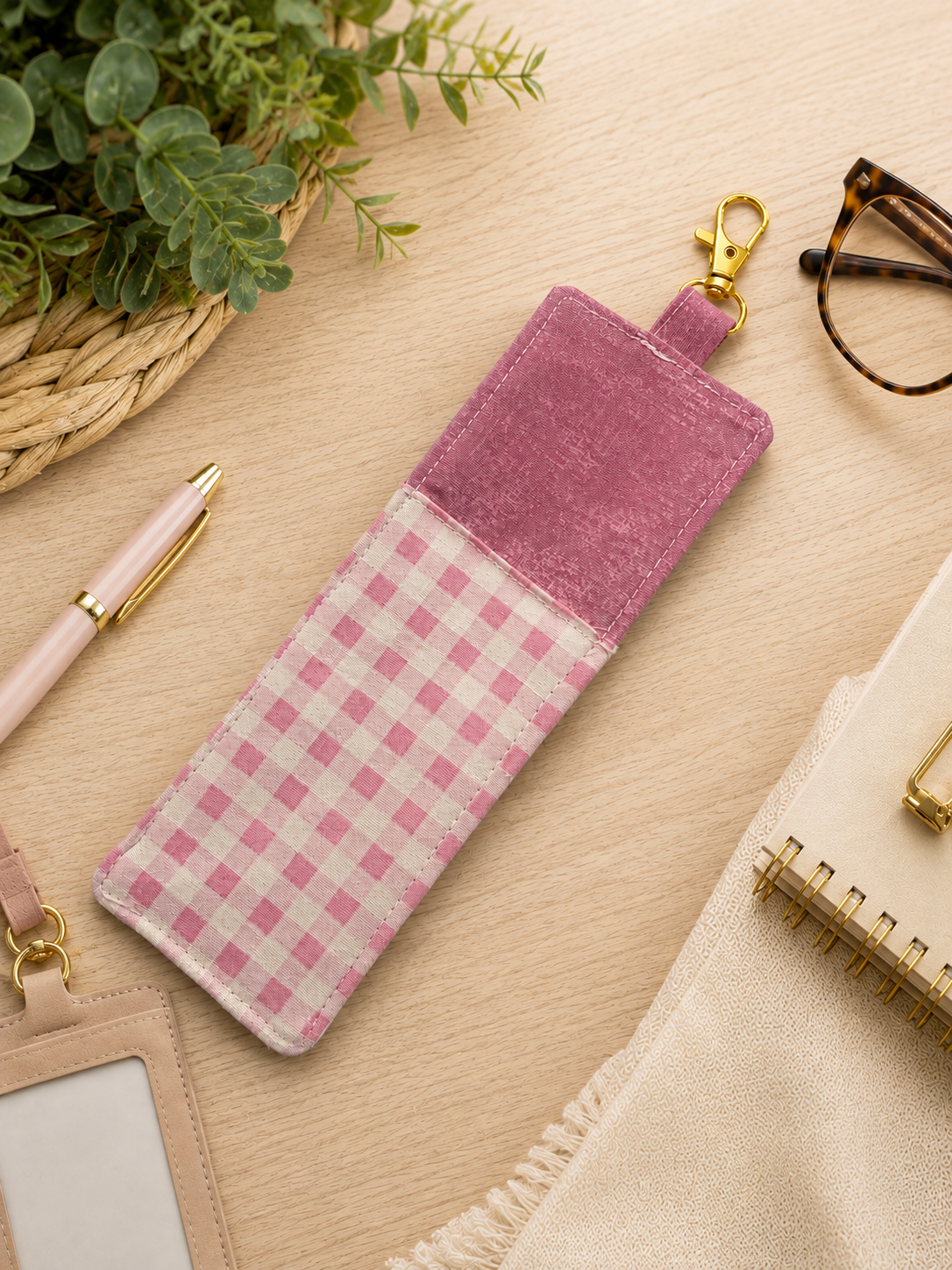 Pink Gingham Desk Essentials flat lay.png