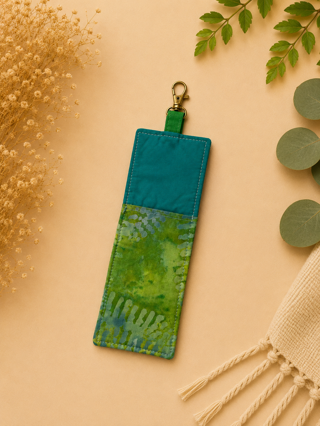 Teal and Batik Fabric Keychain Flat Lay.png