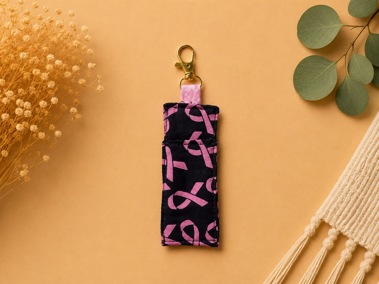 Pink Ribbon Fabric Keychain Flat Lay.png