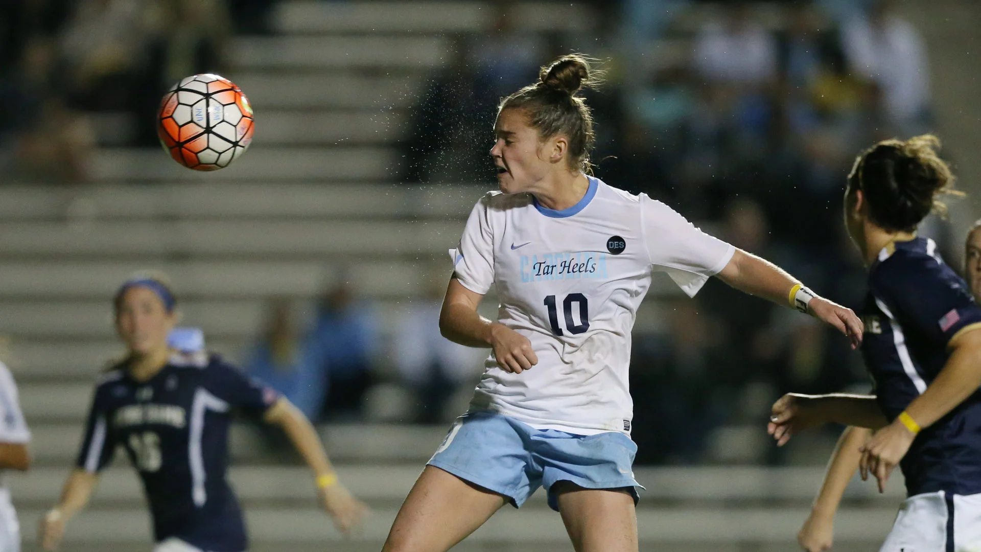 Joanna Boyles (10) heads the ball against Notre Dame, just under three weeks before tearing her ACL in practice.