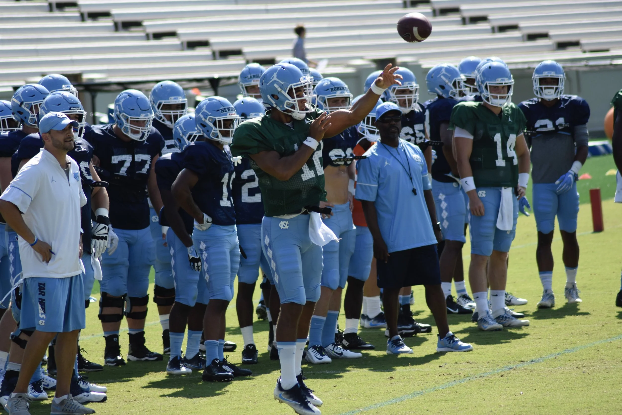 Chazz Surratt (12) hasn't played a game for UNC, but he's led the first-team offense in every scrimmage this fall.