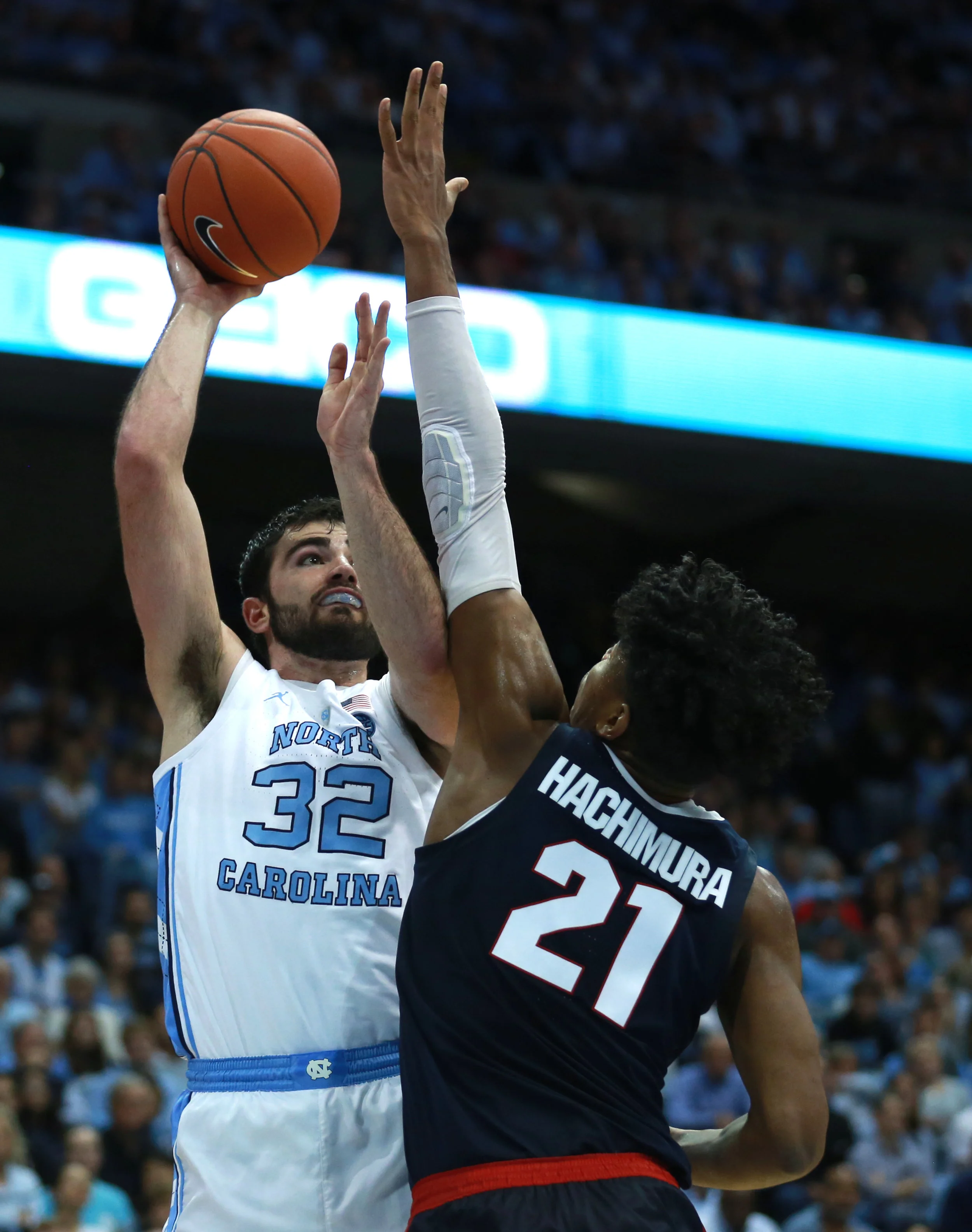Luke Maye returned to form with a 20-point night, including scoring his 1000th point as a Tar Heel. But his 16 rebounds is where his impact was most felt on the court. | Photo by Alex Kormann