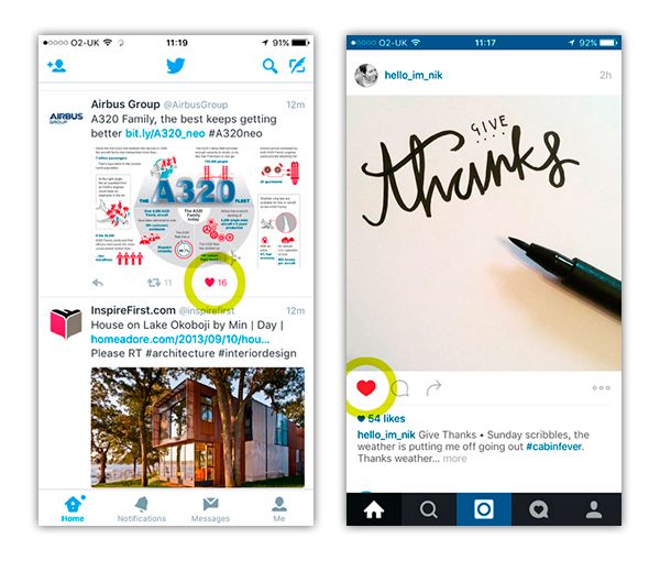 Twitter / Instagram ‘like’ comparison using heart symbol. Thanks to Hello I’m Nik Design for use of her Instagram post!