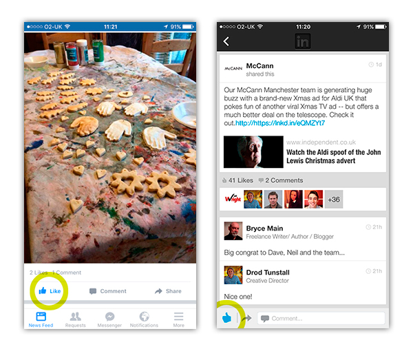 Facebook / LinkedIn ‘like’ comparison using thumbs-up symbol