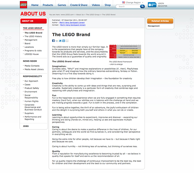 Lego brand values hidden away on the website