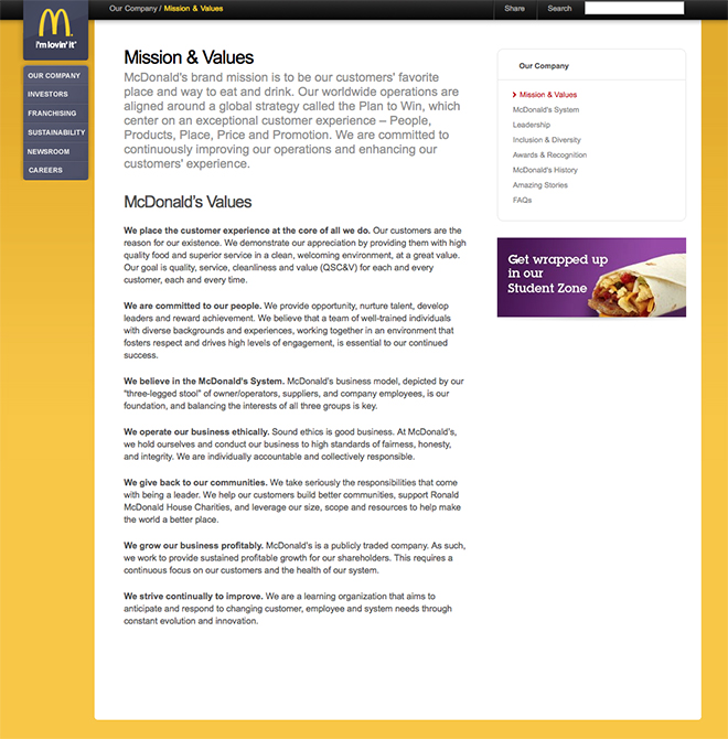 McDonalds brand values. Clear and straightforward but dull