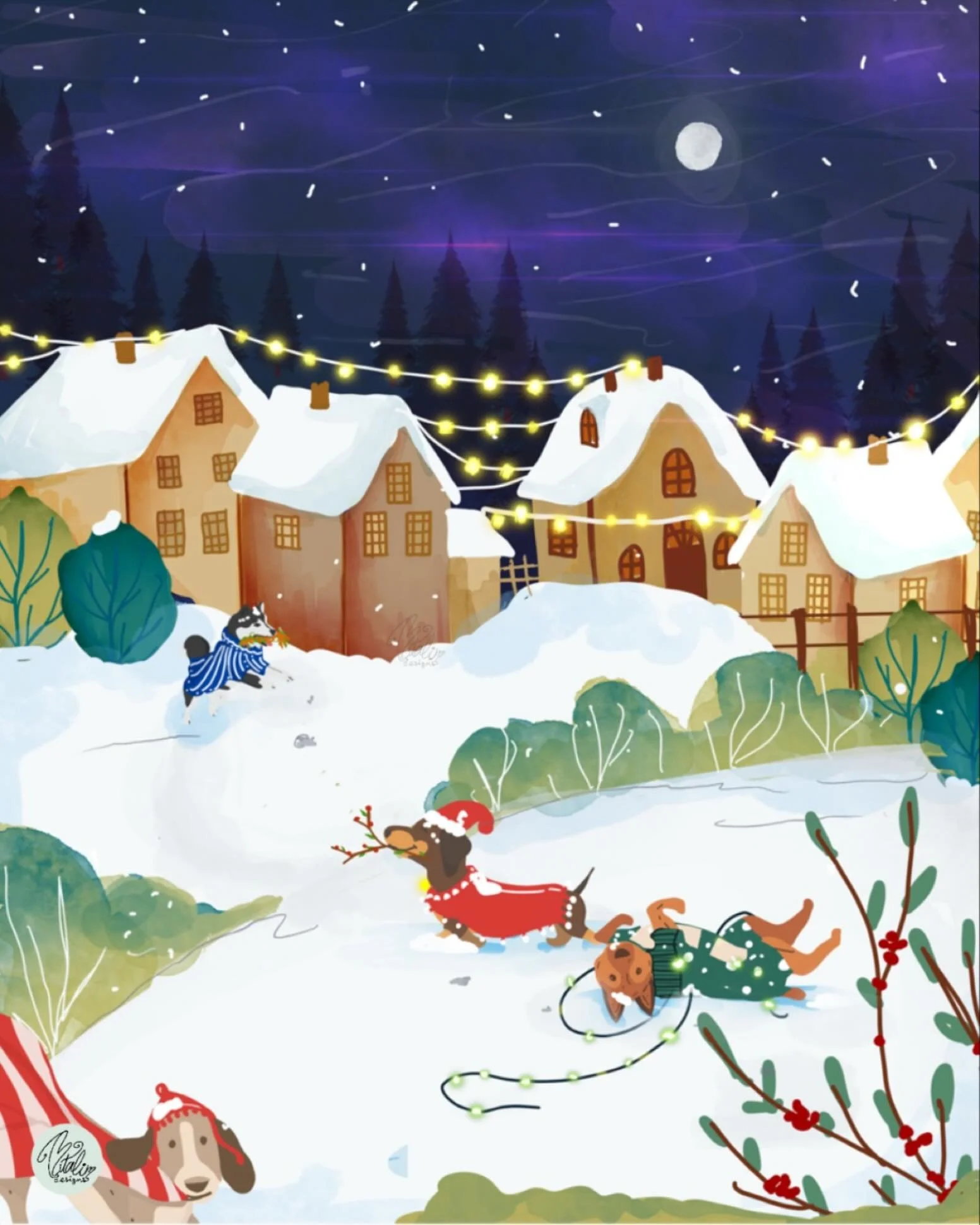 Tinsel Town Hounds tenth promptfor @jehane_ltd twelve days ☃️
.
.
.
Wonderful co-hosts For Jehanestwelvedays
@thistlemoon @traceyenglish @bonbiforest @katherinequinnillustration @meghannrader @kateheiss 
@abbyjacdesigns @illustrationsbymajali @caroli