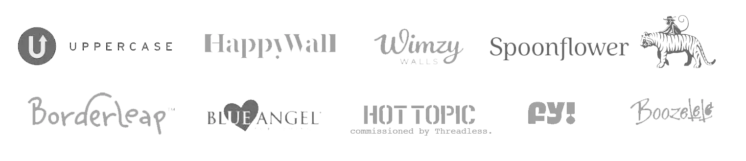 Text graphic with upward arrow icon, listing upper case words: HappyWall'Spoonflower, and a tiger illustration with a person riding on its back. Below are lowercase words: mail and throw, with a heart and a hand symbol, and the word blue angel.