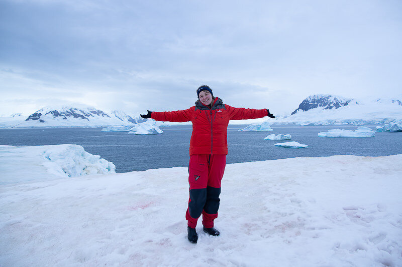 Nina Earl on the ice in Antarctica - photo credit  Oli Sansom