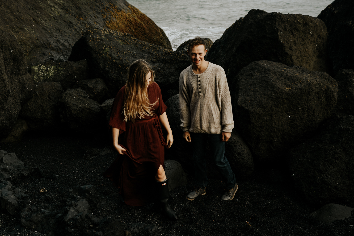 Black Sand beach Adventurous and fun Couples Session in Vik, Iceland