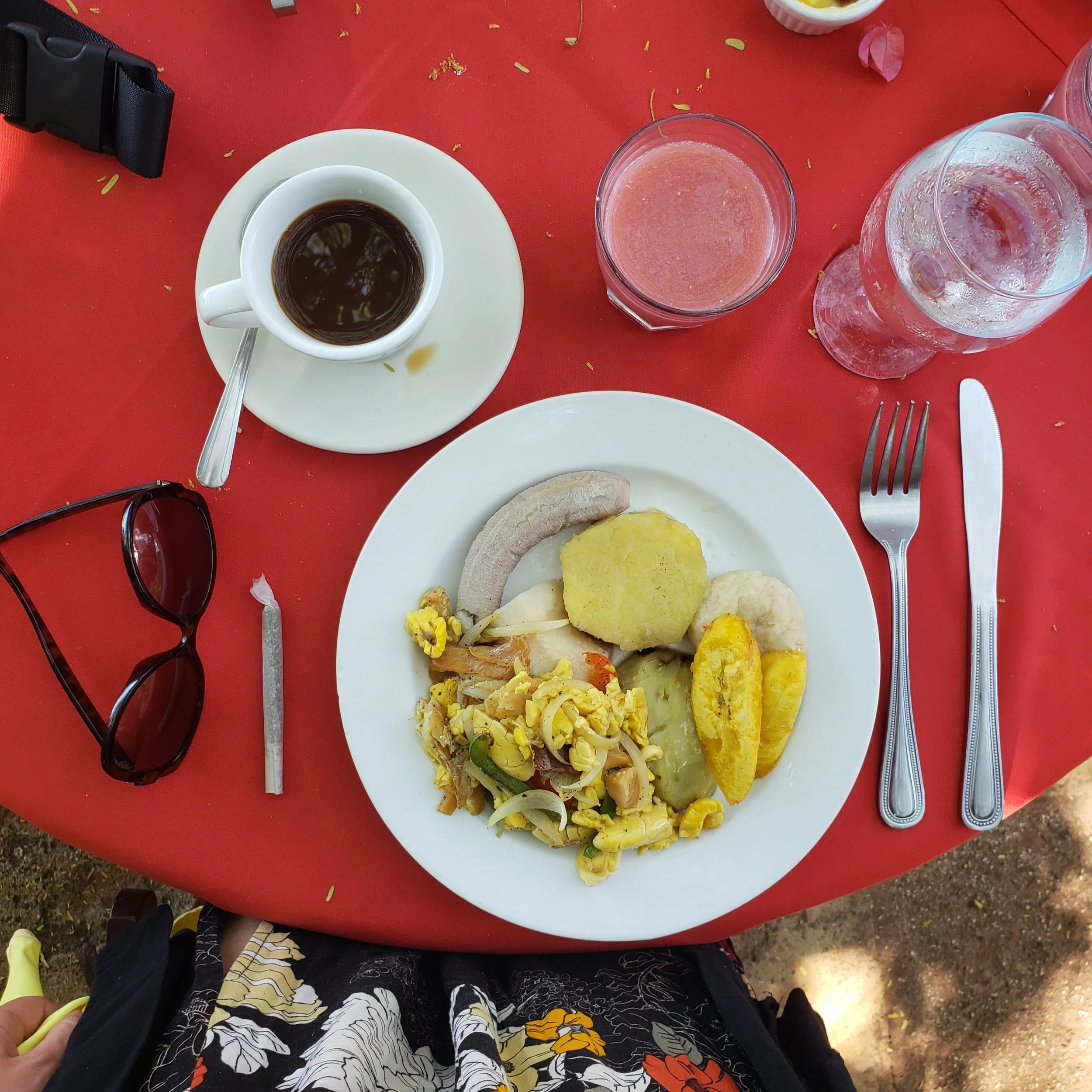 Ackee & Codfish breakfast with banana, plantain, festival, & bammy with a Blue Mountain coffee & fresh guava juice from Jake's Hotel in Treasure Beach.