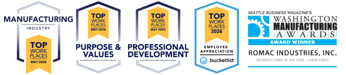 Top Workplaces 2026 Awards for Manufacturing, Purpose/Values, Professional Development, and Employee Appreciation. Seattle Business Magazine's Washington Manufacturing Award.