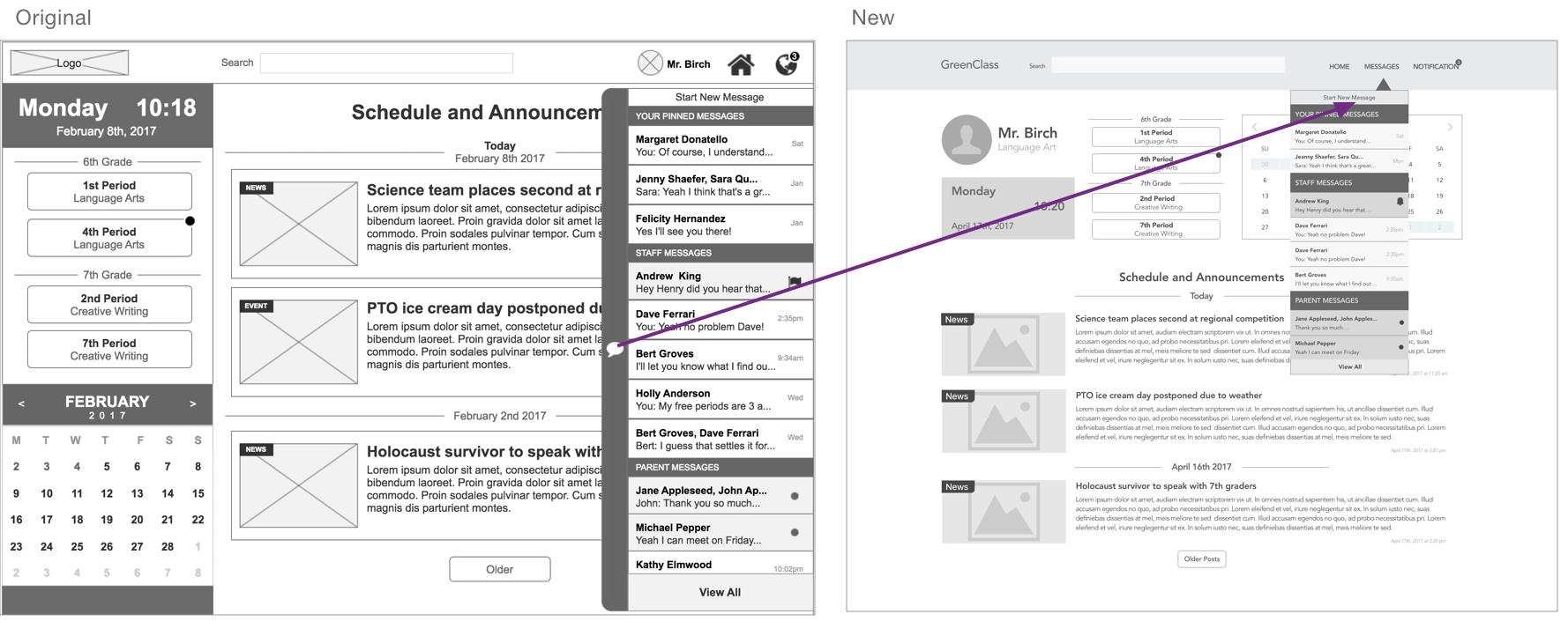In addition, I changed the messaging options. The UX wireframes gave users the option of clicking on a message bar on the right side of the homepage. It made a message modal appear. In my opinion that wasn’t a good solution for the message feature because it is unusual to have slide modals on desktop applications and might provide another point of confusion for the users. I made a design decision to put the message option on the navigation bar too. 