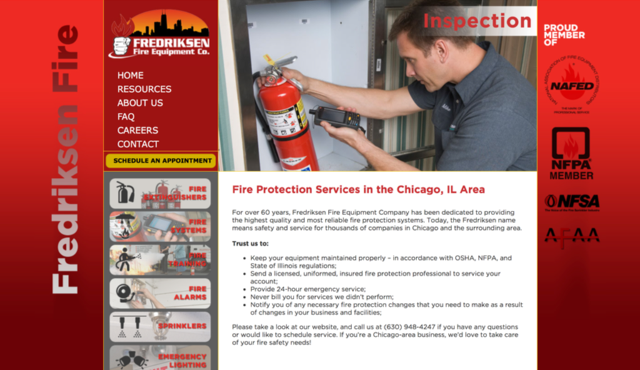 We also looked at Fredriksen Fire. As seen above, this company used too much red. Red appears as a background, in the titles and over icons and images. The products section isn’t organized and looks too cramped with illustrations and text placed over blurry photography. The overwhelming amount of text made the screens appear overcrowded and potentially boring to users.