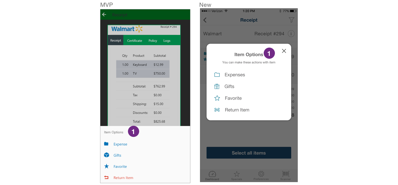 Each item on the receipt screen was clickable, and users were able to make some actions with that item or all items from receipt. I choose a pop-up modal over the curtain receipt for that features. When users click on item pop up modal appears and they can expense, gift, favorite or request to return an item.