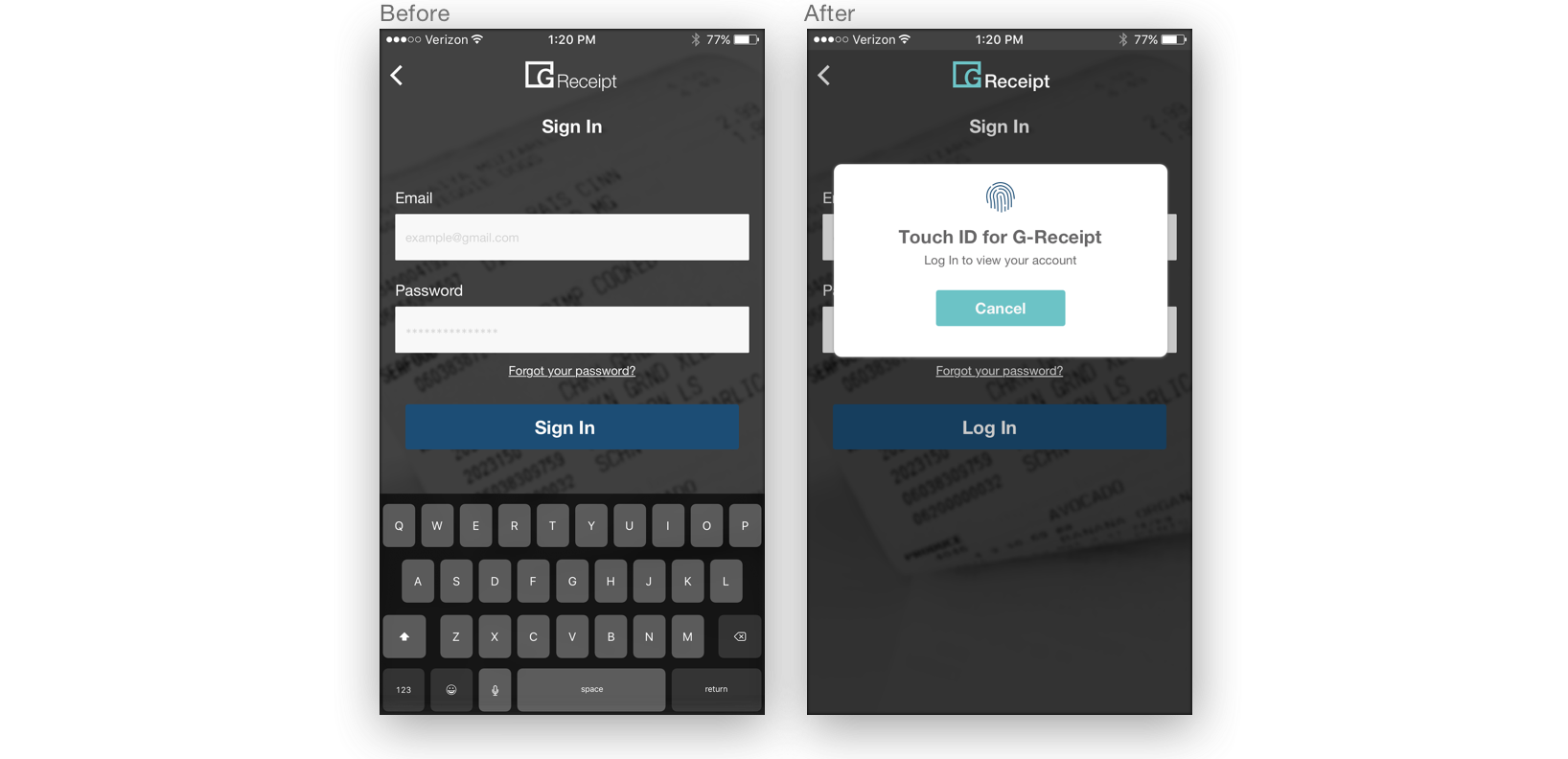 On this screen, I added touch ID sign in option because our client mentioned that he wants users to have the ability to get QR code quickly. So I thought it was a good option for users to be signed in as fast as possible. Today we have lots of apps with touch id sign in , and this number is increasing daily. That was very convenient for the users because they will have quick and easy access to G-Receipt services.