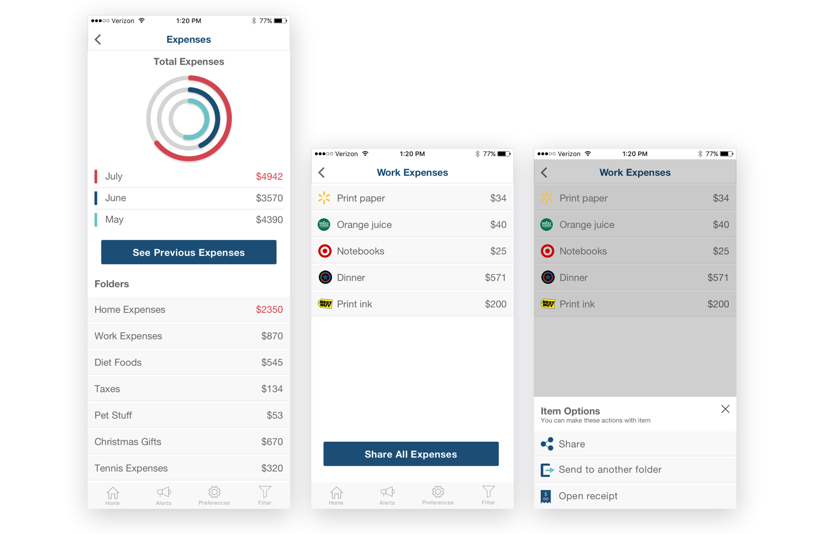 Expenses option is new section and a new flow. The idea was to present users their spendings for last three months and to give them an option that they can see previous expenses for months back. On this screen, they could see all custom made folders and track their costs for each section separate. Furthermore, if a user chose any of these folders, they can review content inside these folders and share their expenses with other users of the G-Receipt application or remove items from one folder into another one.