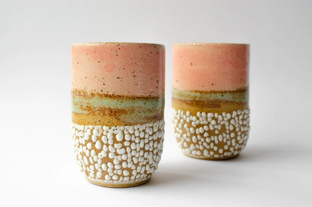 Sunset Tumbler Glaze on speckled stoneware. Available in custom colors. 4"H x 3"W Wholesale 28