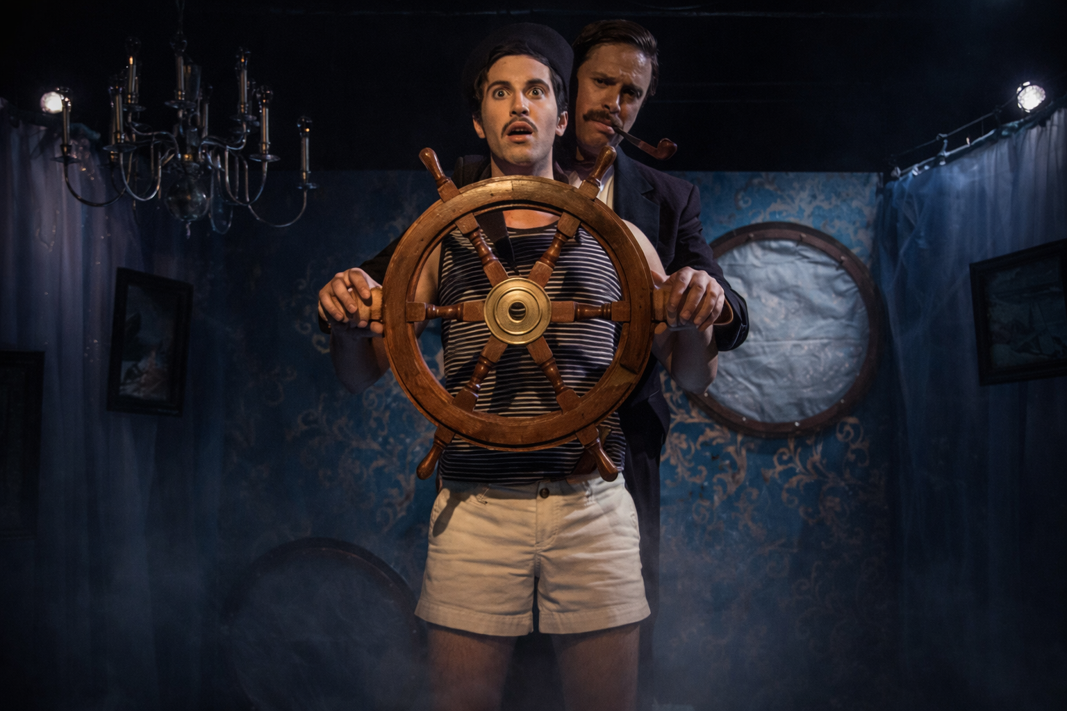 Scene from Titanic by Christopher Durang, directed by Chris Garcia Peak, featuring Sarah Hecht and Noah Lepawsky, produced at the Athenaeum Theatre in Chicago