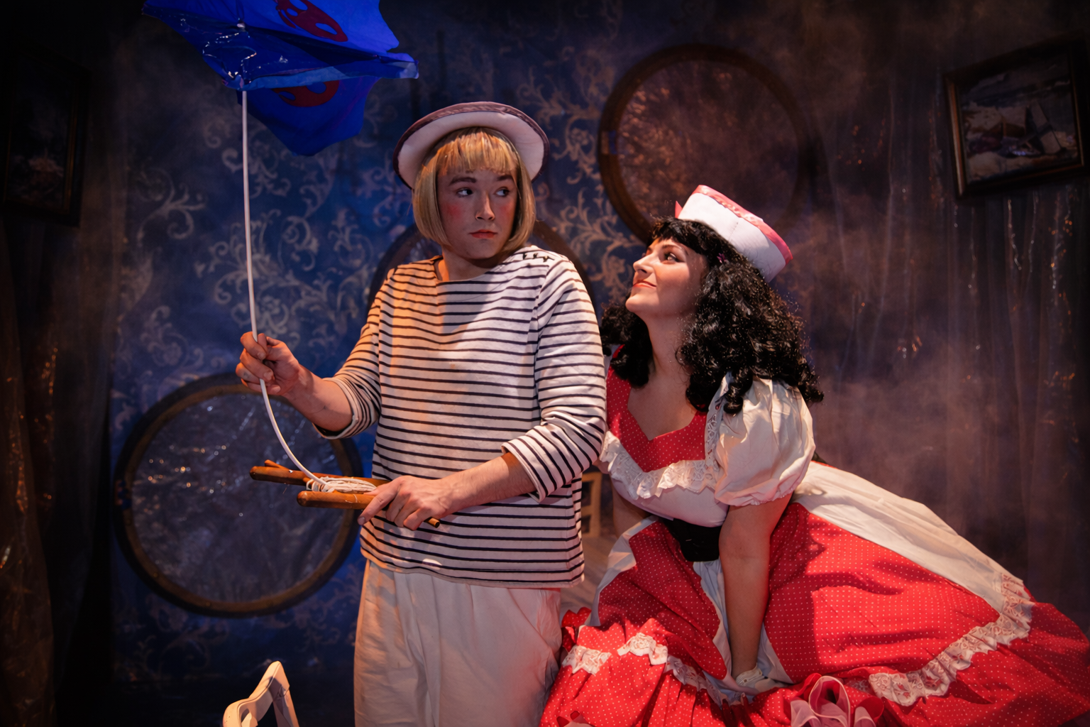 Scene from Titanic by Christopher Durang, directed by Chris Garcia Peak, featuring Sarah Hecht and Noah Lepawsky, produced at the Athenaeum Theatre in Chicago