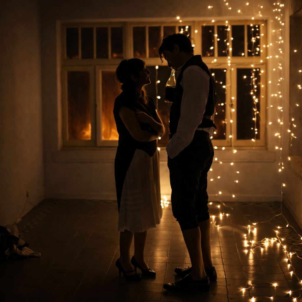 Scene from Lecherous Honey by Megan Breen, directed by Chris Garcia Peak, produced at the Gunder Mansion in Chicago, featuring Meg Elliott, Sarah Hecht, Noah Lepawsky, and Bella Coehlo.