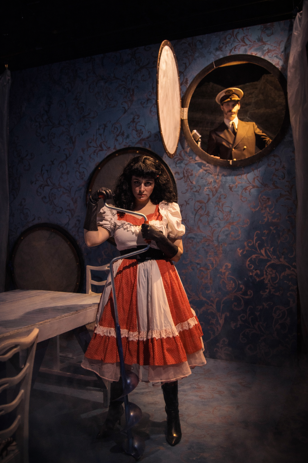 Scene from Titanic by Christopher Durang, directed by Chris Garcia Peak, featuring Sarah Hecht and Noah Lepawsky, produced at the Athenaeum Theatre in Chicago