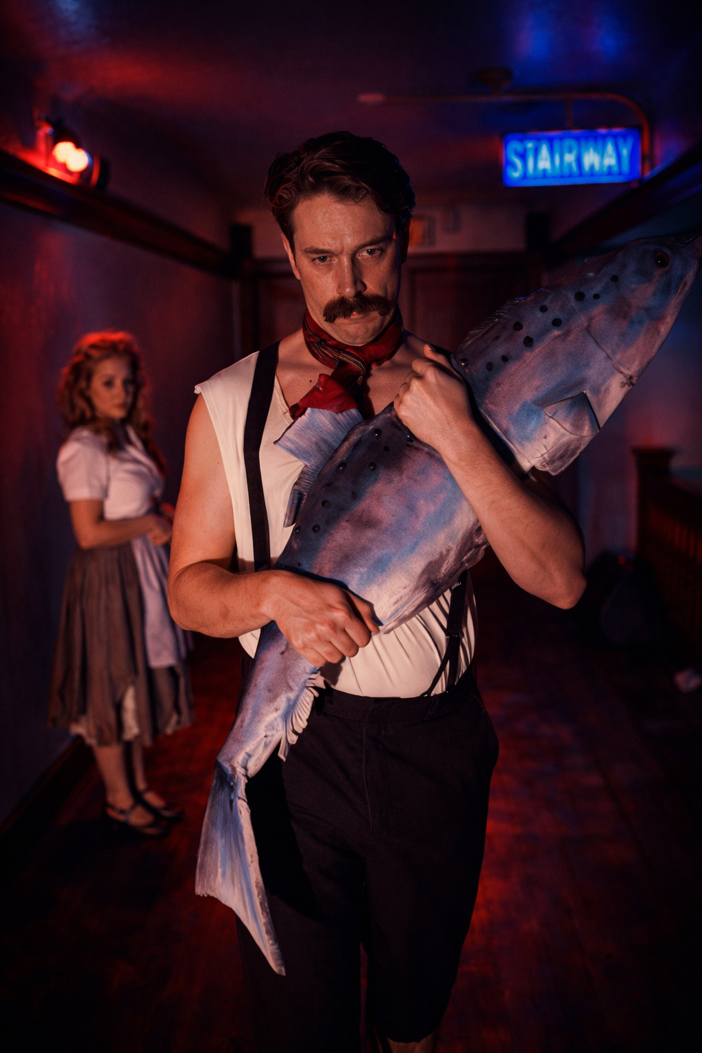 Scene from Lecherous Honey by Megan Breen, directed by Chris Garcia Peak, produced at the Gunder Mansion in Chicago, featuring Meg Elliott, Sarah Hecht, Noah Lepawsky, and Bella Coehlo.