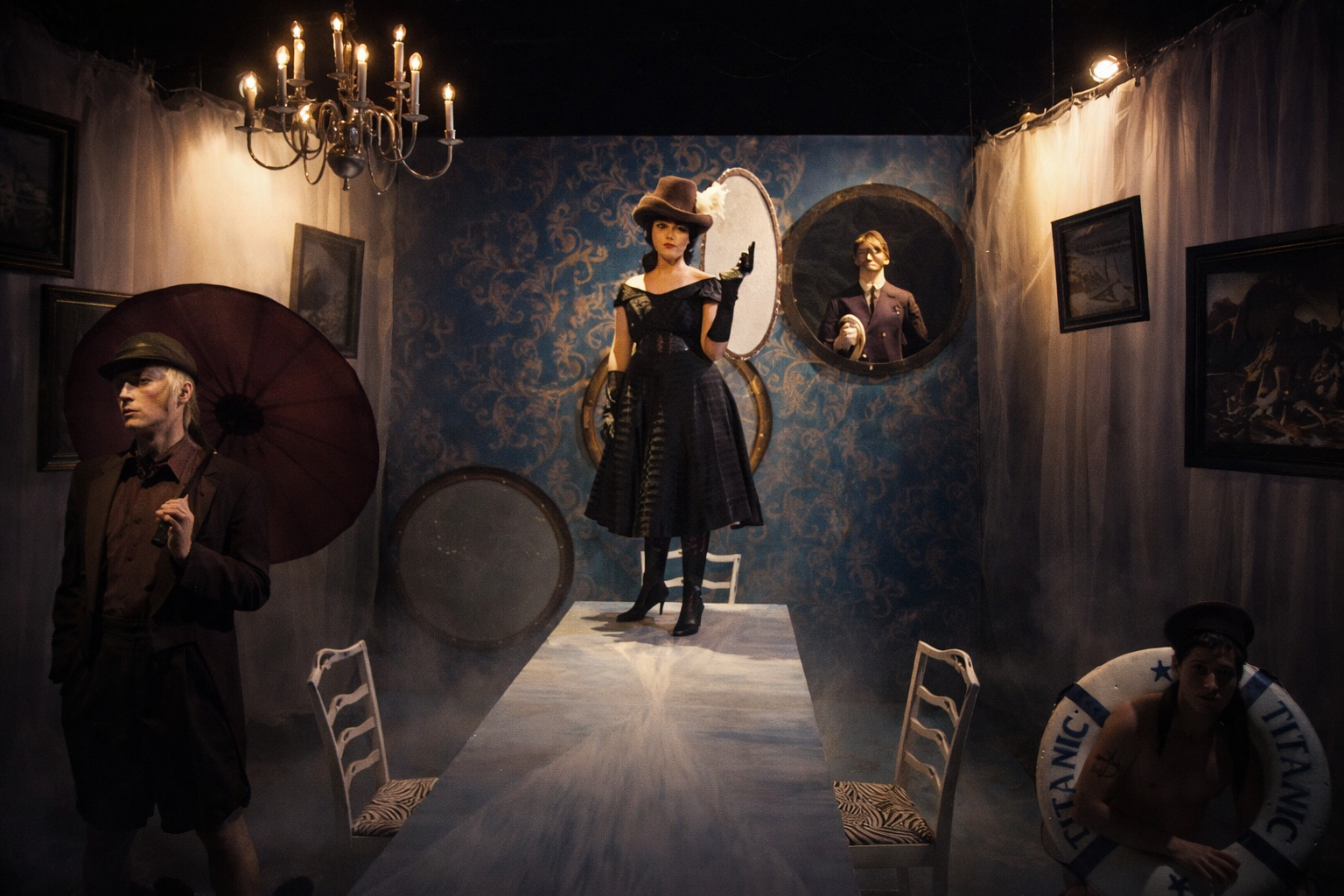 Scene from Titanic by Christopher Durang, directed by Chris Garcia Peak, featuring Sarah Hecht and Noah Lepawsky, produced at the Athenaeum Theatre in Chicago