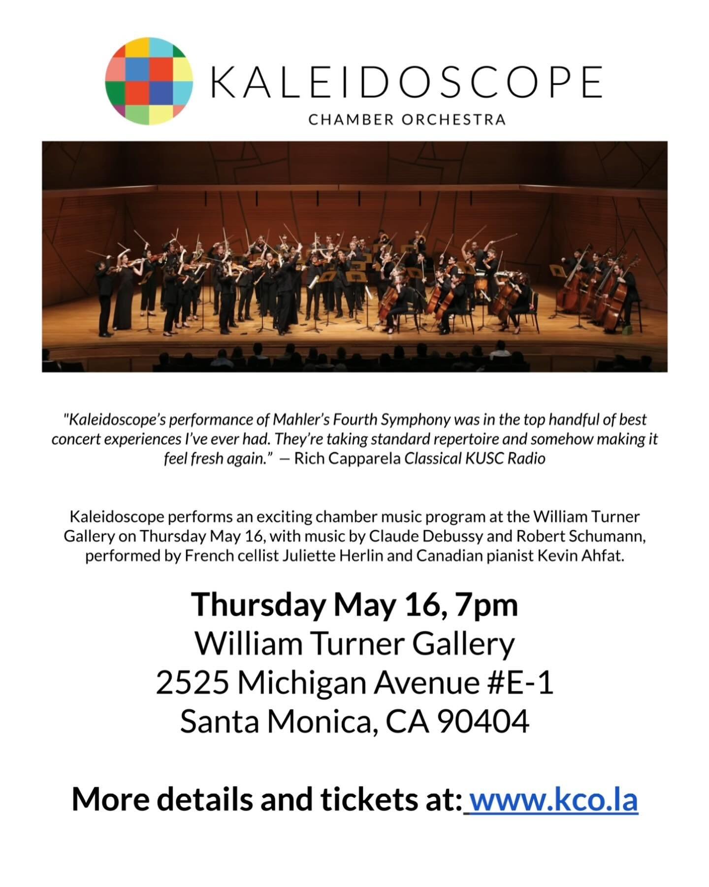 Hello again, my Smart Art Friends! Happy Wednesday!
&nbsp;
Today I bring news about an amazing concert happening at one of my favorite galleries in Santa Monica: William Turner Gallery.
&nbsp;
In collaboration with Kaleidoscope Chamber Orchestra, the