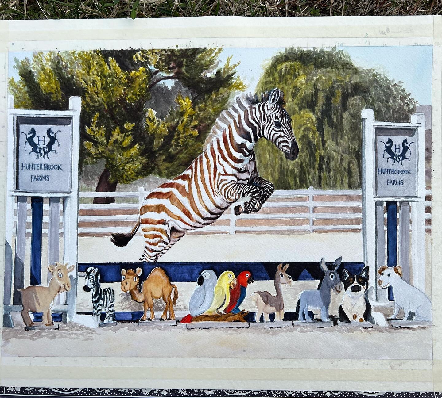 This was by far the most fun holiday commission I have done yet! @ryan_may94 proposed the idea of surprising @nick_haness with a painting of their rescue zebra &ldquo;Joe Exotic&rdquo; jumping one of their @hunterbrook_farms jumps. The jump fillers a