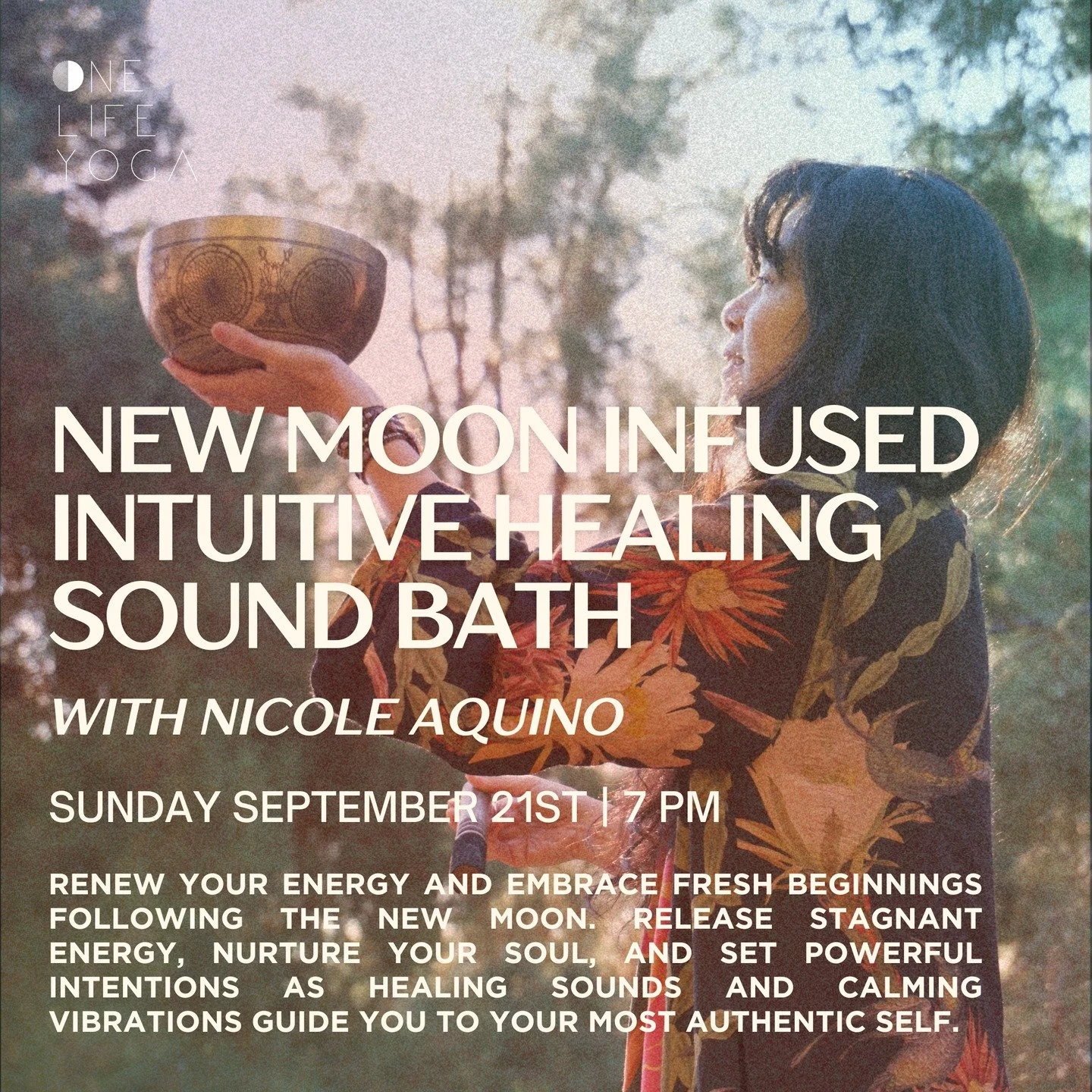 Nicole Aquino is back at One Life Yoga tonight for a special sound bath! 💫

The New Moon is a powerful time for release, self-nurturing, and fresh beginnings. As the Fall Solstice marks the shift into a new season of balance and transformation, cult