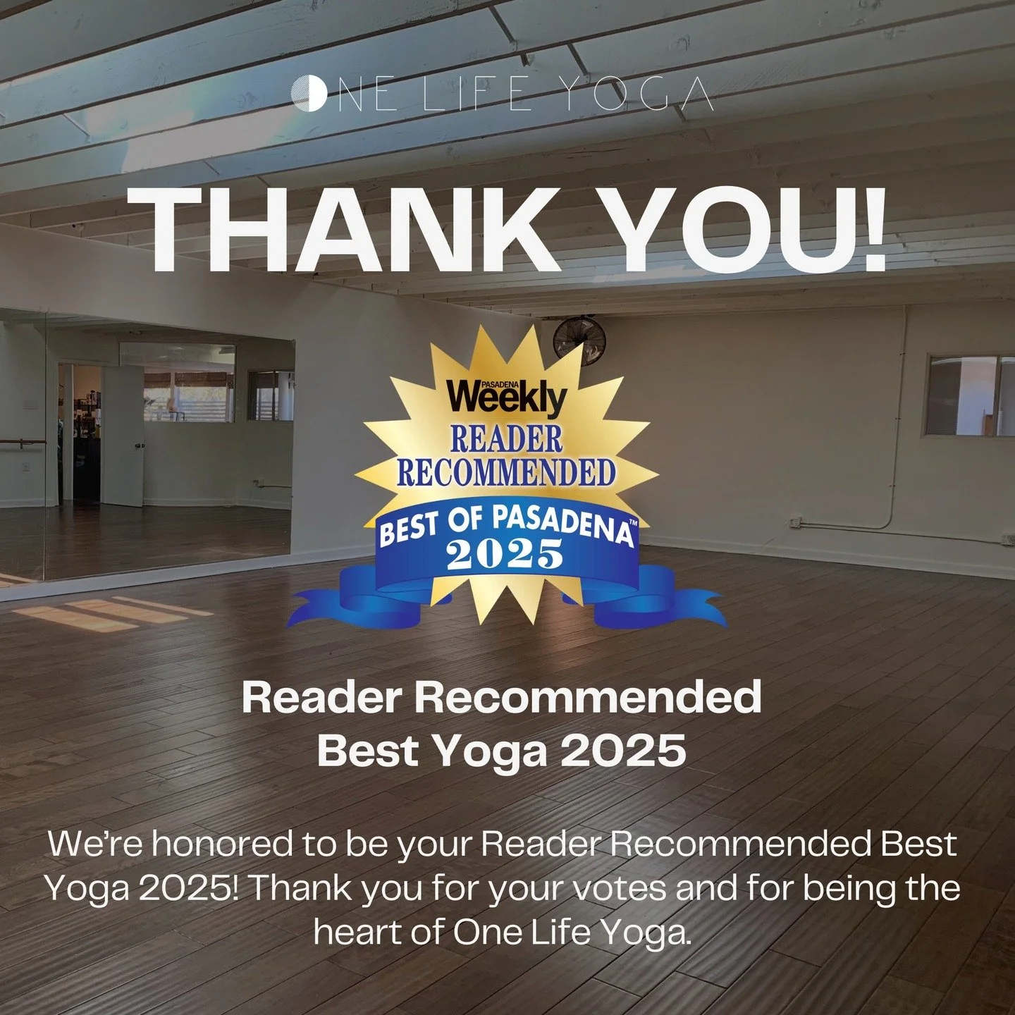 We have some exciting news to share! ✨

Thanks to your votes, One Life Yoga has been named Pasadena&rsquo;s Reader Recommended Best Yoga 2025! We&rsquo;re so grateful for this community and all the love you continue to pour into OLY.

Real yoga. Real