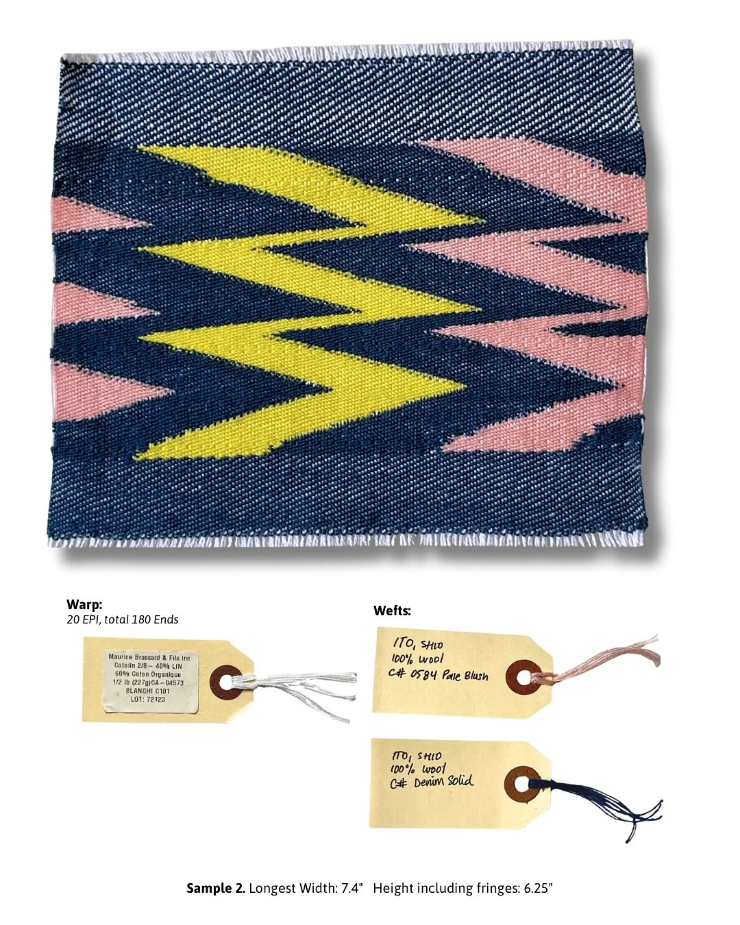 Sample 2.
Probably my favourite! Zig zags! I used double-pointed 4.5mm, 5&rdquo; long knitting needles since I couldn&rsquo;t find the traditional Kanis anywhere IRL or online. Swipe to see the weaving-in-progress, the digital repeat patterns I made 