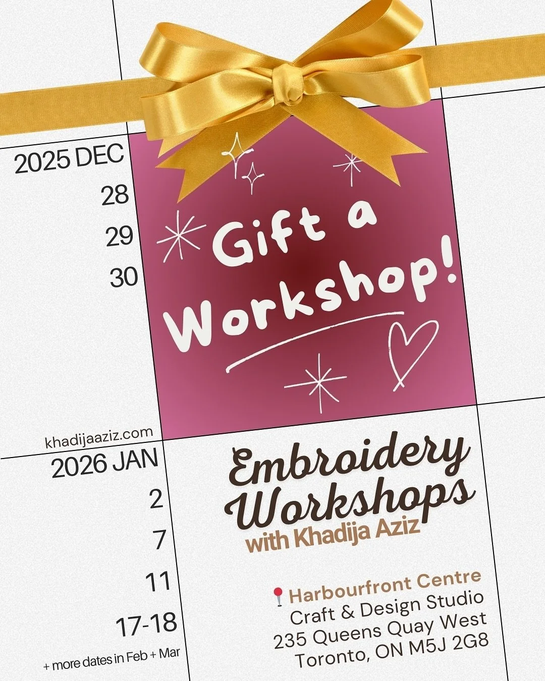 Most people who attend my workshops at @harbourfrontcentre have received them as gifts! A workshop is a gift of slowing down, creating, and making special memories. Check out my upcoming embroidery workshops, and other craft workshops by incredible A