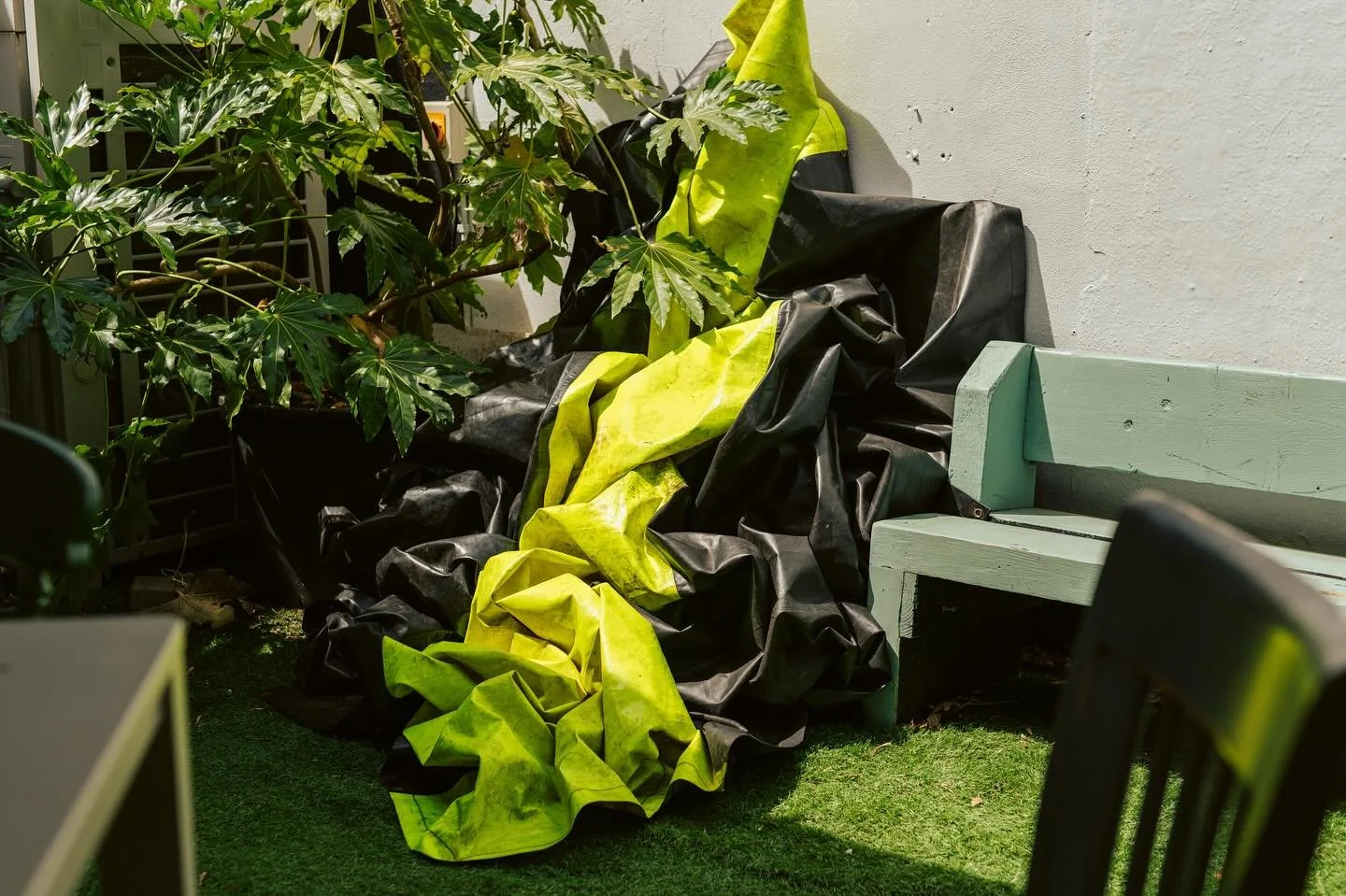 Shifting Sites | Disturbed Ground

Rubble form, made using a black and Fluro yellow tarpaulin. 2025. For Green Phoenix

This form has been a motif of my recent work. The material quality of this tarpaulin allows for quick volume and texture that is m