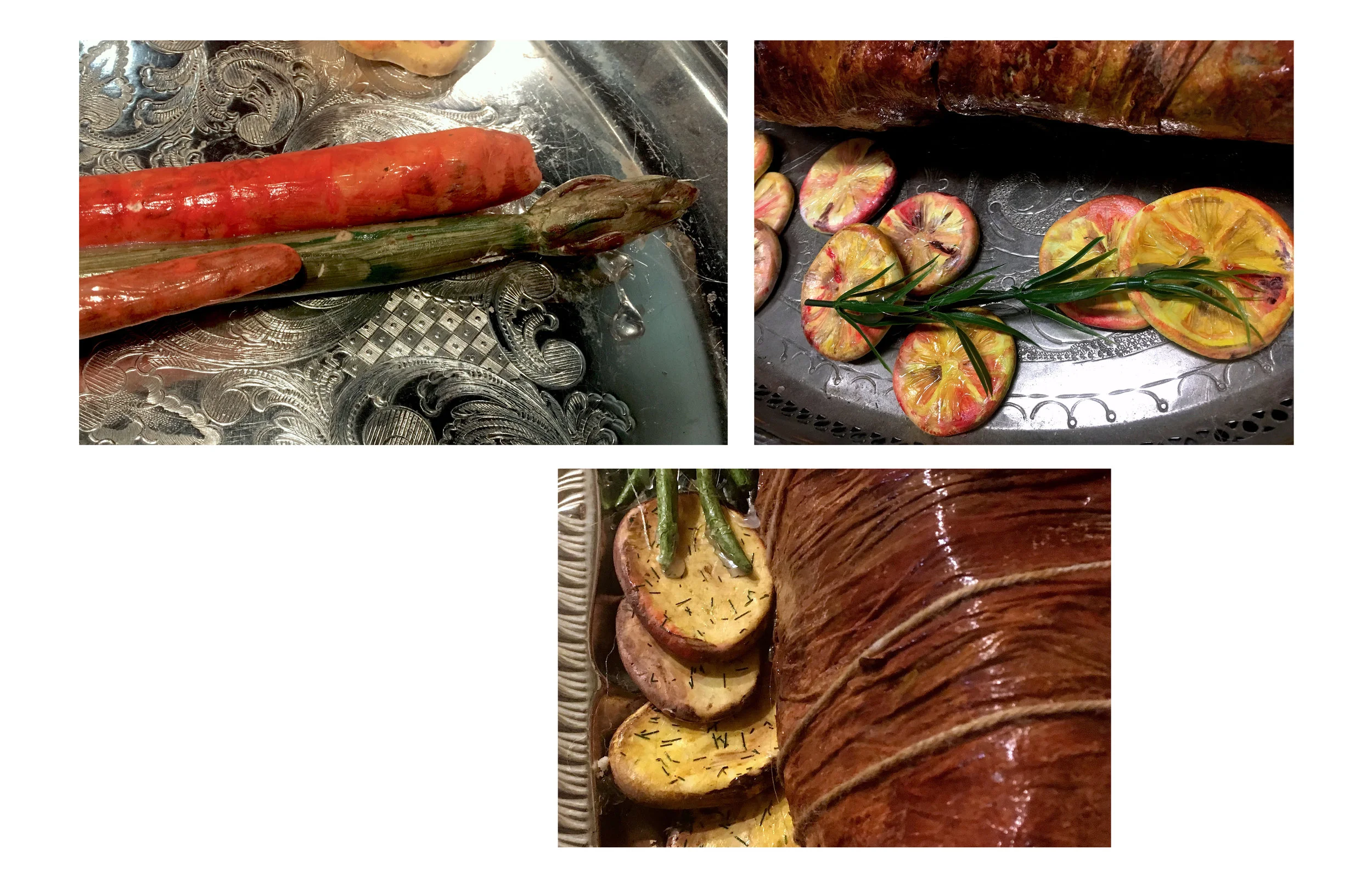 Roast dressings: grilled carrots and asparagus, roasted lemons, roasted potatoes