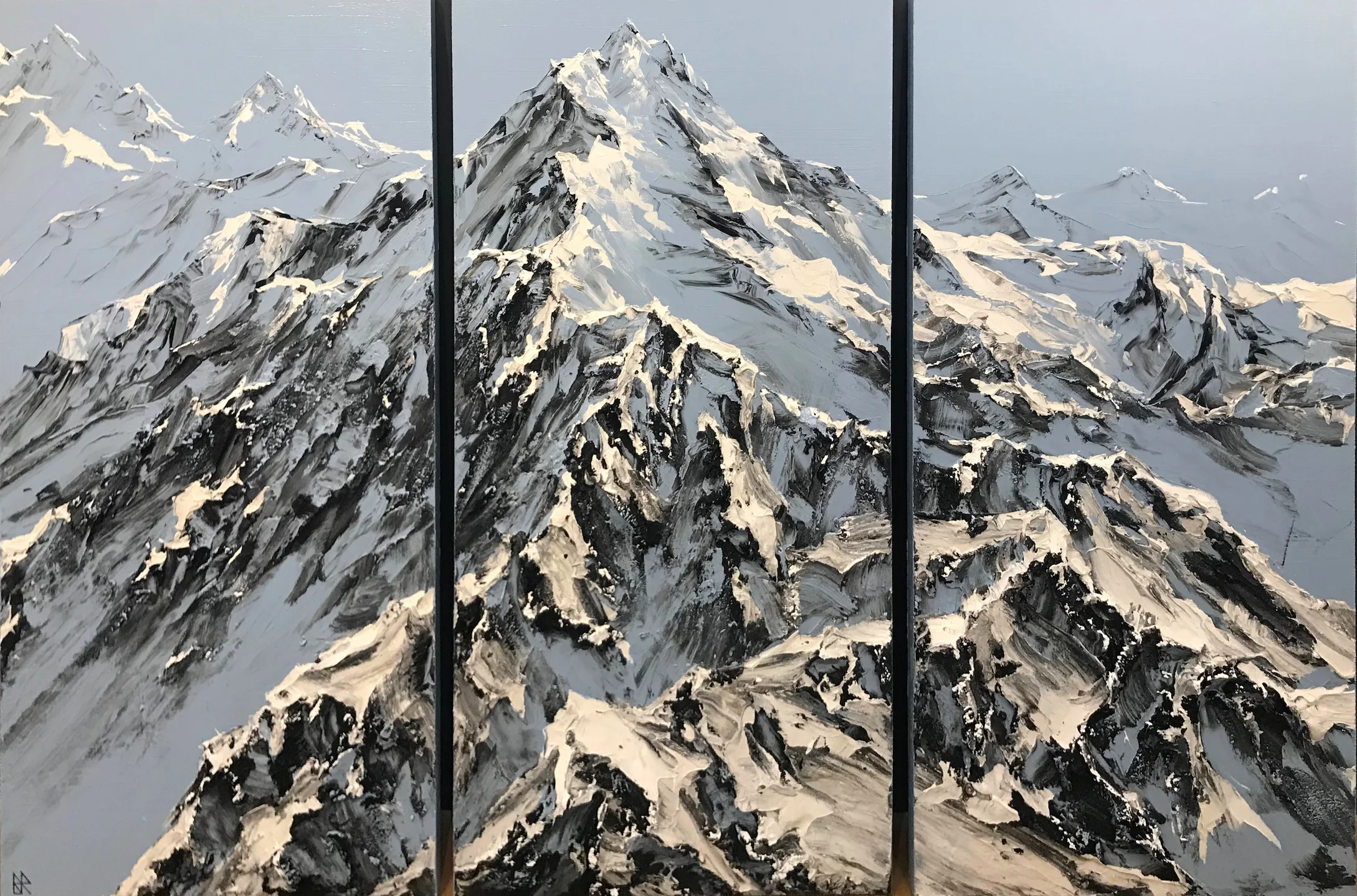 “Mountain Paradise” Size: 28” x 60” x 3pc Original mixed media on wood panel