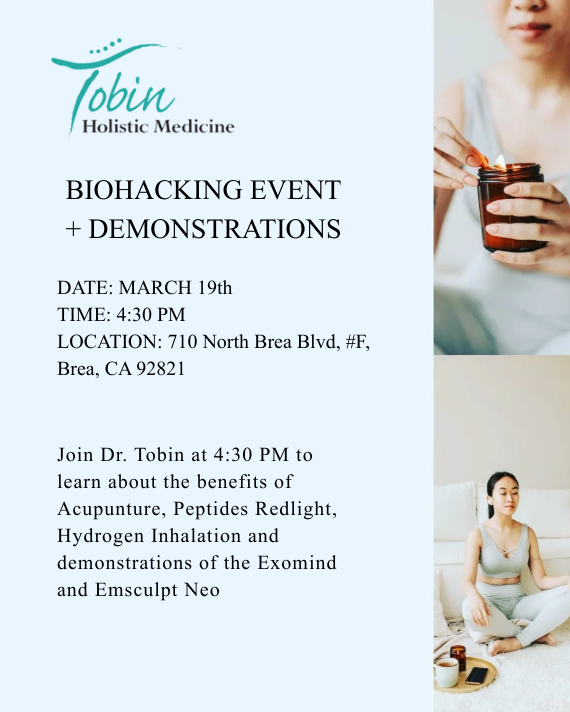 Join Dr. Tobin at 4:30 PM to learn about the benefits of Acupunture, Peptides Redlight, Hydrogen Inhalation and demonstrations of the Exomind and Emsculpt Neo, March 19th